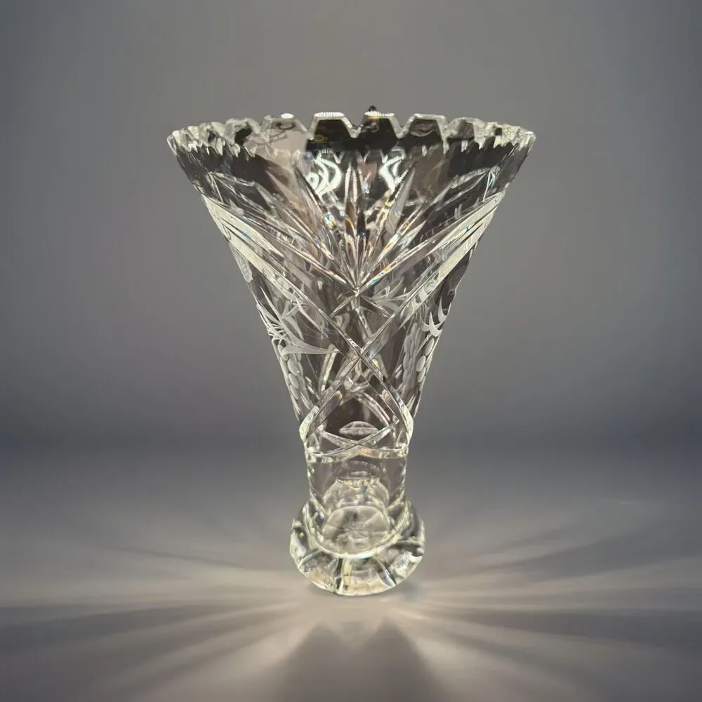 Vintage Crystal clear cut glass Vase Germany Lausitzer Glas etched grapes 10.5”